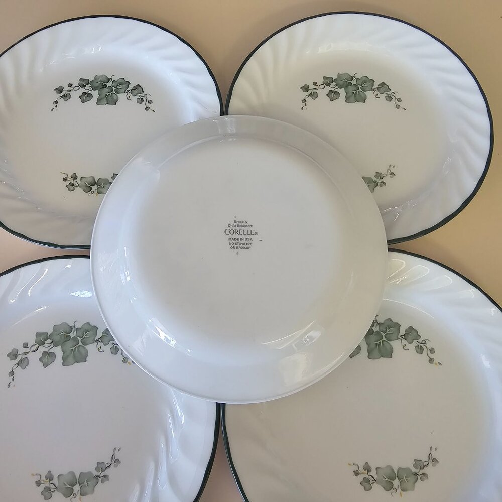 5 Corelle Callaway Salad Dessert Plates 7.25" white swirl rim green trim ivy - Picture 7 of 7